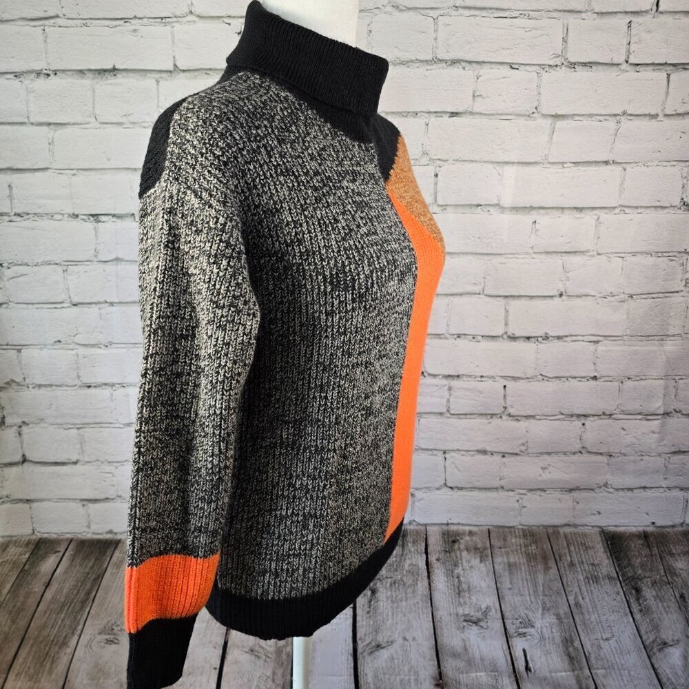 WOMENS COLORBLOCK GEOMETRIC KNIT TURTLENECK SWEATER, BLACK BROWN ORANGE SIZE S - Picture 6 of 7